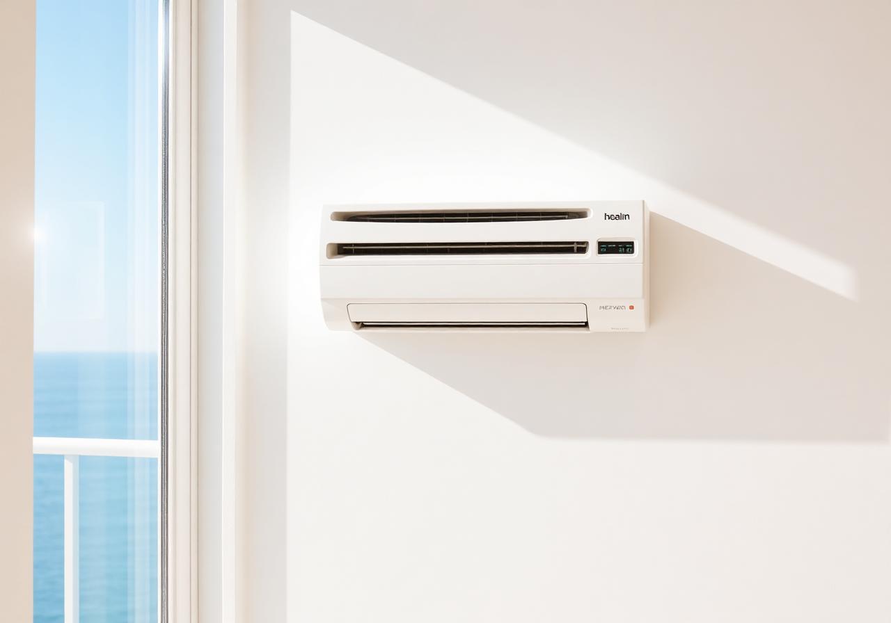 Modern white split air conditioning unit installed in a bright Mediterranean villa living room