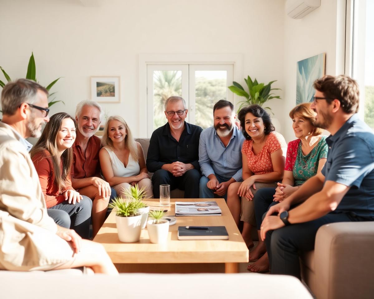 Diverse group of expat homeowners meeting in a sunny Spanish home